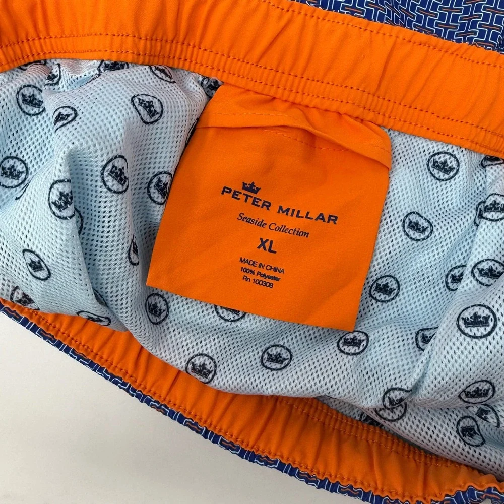 Peter Millar Seaside Collection Mens XL Blue Geometric Link Swim Trunks Shorts